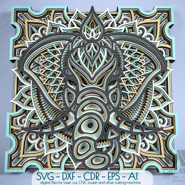 Multilayer Laser Cut Elephant Mandala, 3D Elephant Svg, Elephant Head cut file, Glowforge Elephant Mandala, Layered Animals Mandala Svg -A16