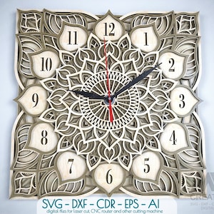 MultiLayer Clock File tagliati al laser, Flower Mandala Clock Svg, 3d Svg Cricut Clock, Layered SVG Clock, Glowforge Clock Laser cut template - C15
