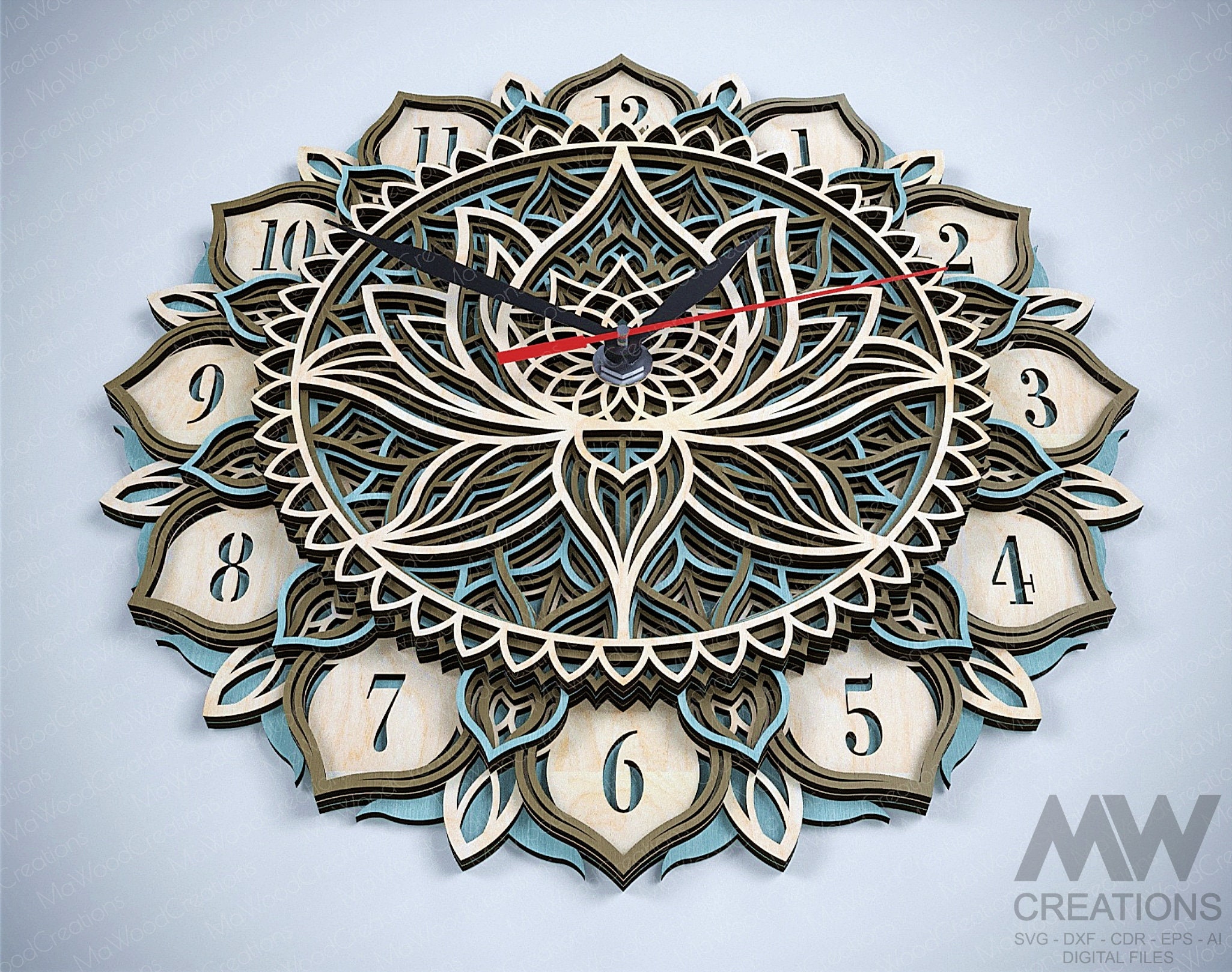 Laser Cut Clock SVG Dxf, Layered Lotus Mandala Clock Svg, Multi-layer ...