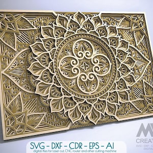 Peut inclure: Une œuvre d'art murale en bois multicouche avec un motif de mandala détaillé. L'œuvre est dans des tons beige et or, avec des motifs et des textures complexes. Le texte "SVG - DXF - CDR - EPS - AI" et "MW CREATIONS" est inclus.