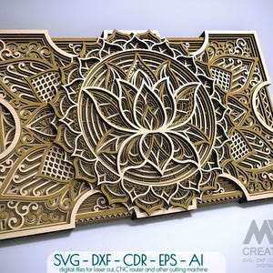 Arquivos de corte SVG de mandala de flor de lótus cortada a laser, padrão de corte de mandala multicamadas para Glowforge, símbolo espiritual cortado a laser em camadas 3D - M283