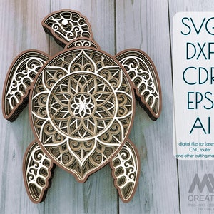 Lasergeschnittenes Schildkröten-Mandala SVG-Dxf, 3D-Schildkröten-Svg, mehrschichtige Schildkröten-Svg-Schnittdatei, Glowforge-Schildkröten-Mandala, geschichtete Tiere-Mandala-Svg -A11
