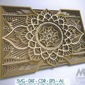 Op de afbeelding: Een gelaagd houten kunstwerk voor aan de muur met een mandala-ontwerp. Het kunstwerk toont ingewikkelde uitgesneden patronen in beige en bruine tinten, waardoor een driedimensionaal effect ontstaat. De onderkant van de afbeelding bevat de tekst "SVG - DXF - CDR - EPS - AI".