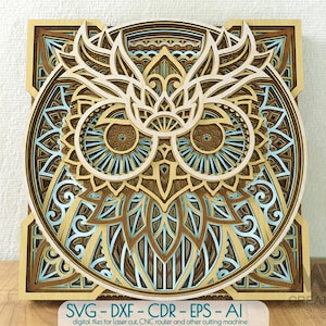 Lasergesneden meerlaagse uil Mandala Svg Dxf, 3D Owl Svg Dxf, Layered Owl Head Mandala, Glowforge Owl Mandala Svg, Layered Animals Mandala Svg