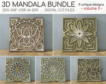 10x10 Mandala Bundle vol.3, 3D Layered Mandala SVG Bundle, Multi-layer Mandala Bundle, Laser Cut Mandala Svg Dxf file for Laser Cut