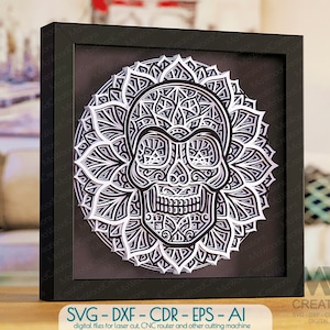 Shadow box Skull Mandala SVG Dxf, Skull Mandala Svg, Layered Skull Svg, Cricut Skull 3d layer Svg, Skull Shadow Box template - M163