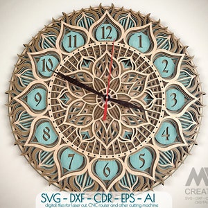 Laser Cut Clock Svg Dxf, file di taglio orologio a 5 strati, orologio multistrato tagliato al laser, orologio Mandala, orologio SVG a livello 3D, orologio Glowforge Svg - C29