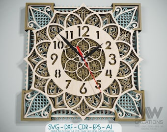 Arquivos de corte de relógios cortados a laser, SVG DXF para relógios em camadas, design de relógios multicamadas, relógios SVG com mandalas em camadas 3D, arquivo SVG para relógios Glowforge - C64