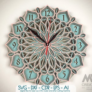 Orologio Mandala a 5 strati Svg, orologio in formato Svg a 3 strati, file tagliati al laser con orologio multistrato, orologio SVG a strati, orologio Glowforge Wall art SVG - C30