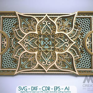 May include: A multi-layered wooden wall art piece with a floral mandala design. The artwork features intricate cut patterns in gold, light brown, and teal. The text "SVG - DXF - CDR - EPS - AI" is visible at the bottom.