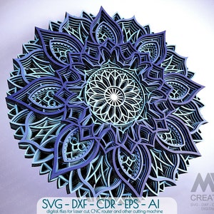 Laser Cut Mandala SVG DXF, modèle de Mandala de couche 3D, fichiers de coupe Mandala fleur, Multilayer Mandala Svg Dxf, Layered 3D Wood Art - M122