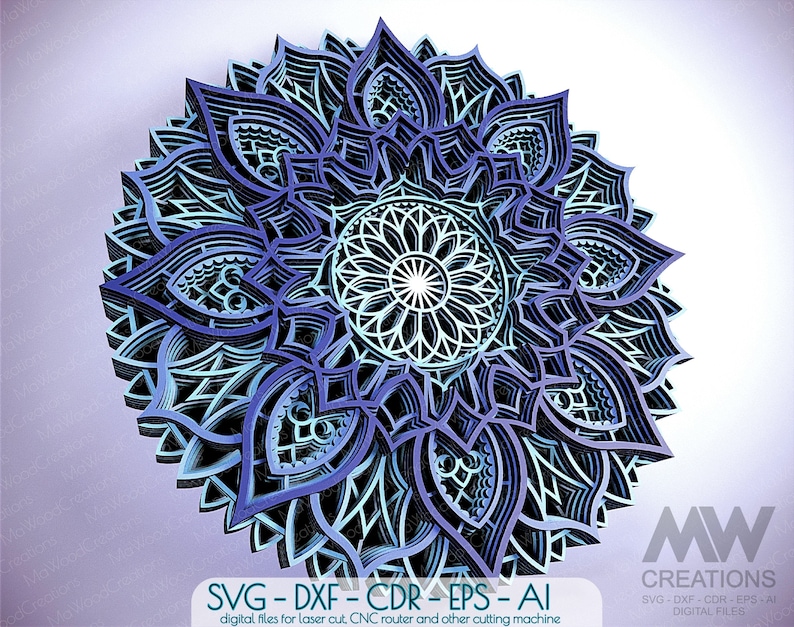 Laser Cut Mandala SVG DXF, 3D layer Mandala template, Flower Mandala cutting files, Multilayer Mandala Svg Dxf, Layered 3D Wood Art - M122 image 1