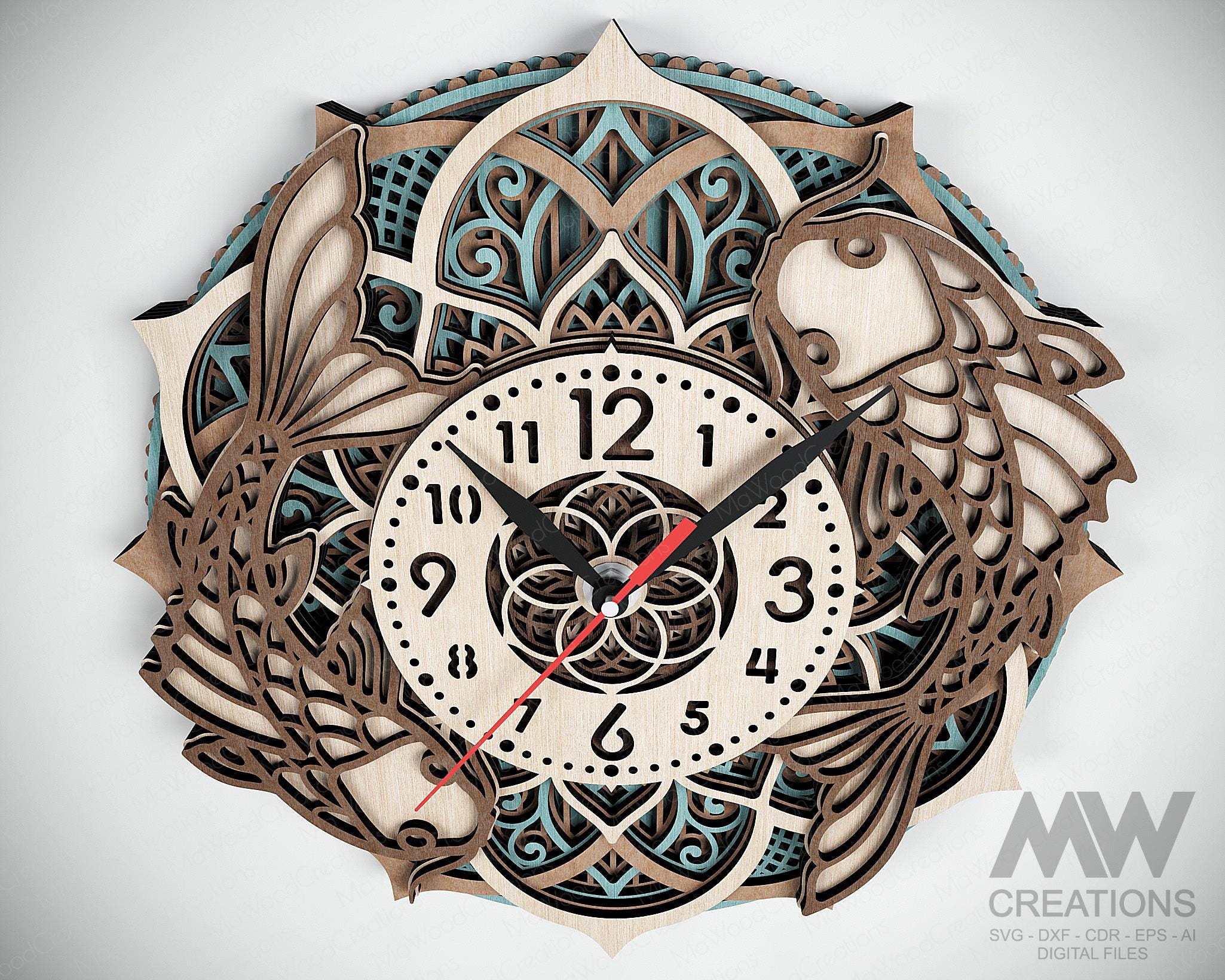 Layered Laser Cut Clock Template Multilayer Koi Fish Clock SVG Dxf ...
