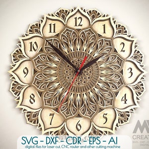 Laser Cut Clock Svg Dxf, file di taglio orologio a 5 strati, orologio multistrato tagliato al laser, orologio Mandala, orologio SVG a livello 3D, orologio Glowforge Svg - C21