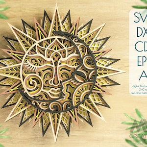 Zon en Maan Mandala, 3D Zon en Maan Gelaagde SVG, Multi layer Zon Mandala, 3D Svg Zon en Maan, Gelaagde Mandala Svg cut bestand