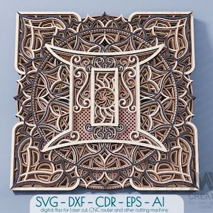 Segno zodiacale Gemelli, Mandala Gemelli multistrato, Segni zodiacali taglio laser Svg DXF, Strato 3D Mandala zodiacale, File di taglio Mandala gemelli multistrato