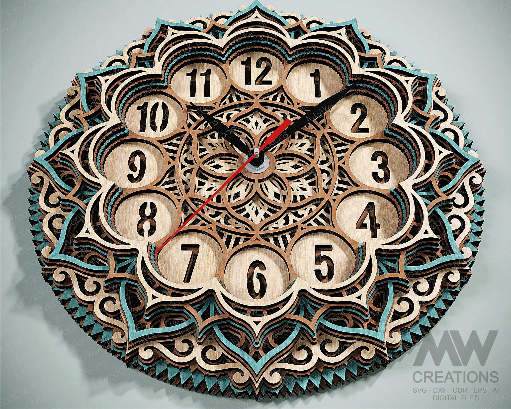 Laser Cut Clock SVG Dxf, Laser Cut Layered Mandala Clock Cutting Files ...