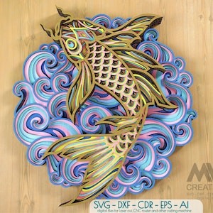 Multilayer Laser Cut Koi Fish Mandala, 3D Koi Fish Svg cutting file, Glowforge Carp Fish Mandala Svg, Layered Animals Mandala Svg - A19