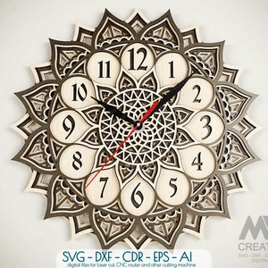 5 Layer Mandala Clock Svg, 3d layer Svg Clock, Multi Layer Clock Laser cut files, Layered SVG Clock, Glowforge Clock Wall art SVG - C46