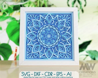 May include: A white frame with a blue and white mandala design inside. The mandala is made of layered paper and has a 3D effect. The text "SVG - DXF - CDR - EPS - AI" is printed below the frame.