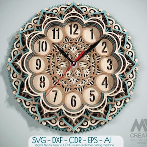 Relógio SVG Dxf com corte a laser, arquivos de corte de relógio de mandala em camadas com corte a laser, relógio multicamadas, relógio SVG de camada 3D, arquivo Svg de relógio Glowforge - C59