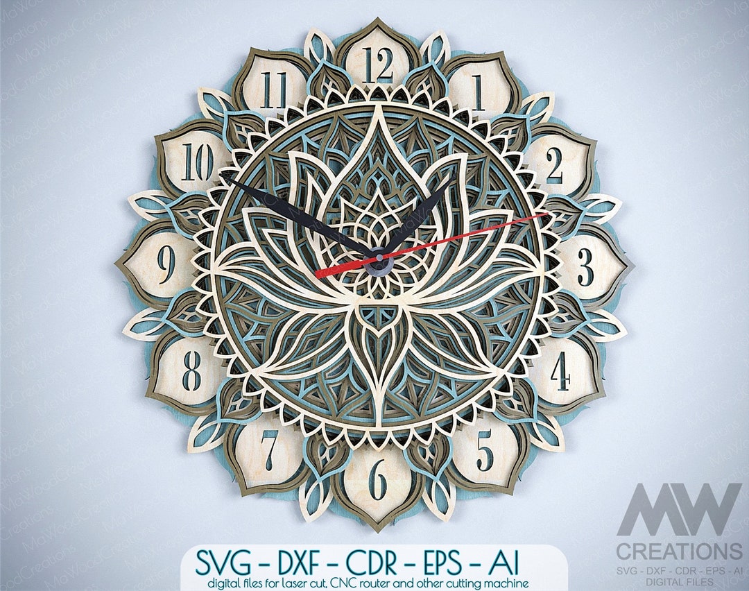 Laser Cut Clock SVG Dxf, Layered Lotus Mandala Clock Svg, Multi-layer ...