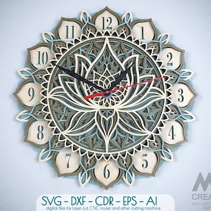 Orologio tagliato al laser SVG Dxf, Orologio Lotus Mandala a strati Svg, Orologio multistrato Svg, Orologio SVG a strati 3D, Orologio Lotus Mandala Wall Art Svg - C35