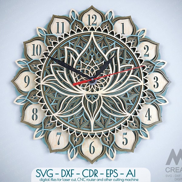 Laser cut Clock SVG Dxf, Layered Lotus Mandala Clock Svg, Multi-layer Clock Svg, 3D Layer SVG Clock, Lotus Clock Mandala Wall Art Svg - C35