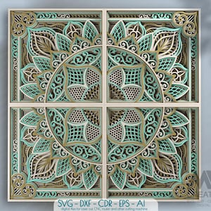 Könnte beinhalten: Ein dekoratives Mandala-Design mit filigranen Details in Grün-, Braun- und Weißtönen. Das Design ist in vier Abschnitte unterteilt, die jeweils ein einzigartiges Muster aufweisen. Das Mandala ist perfekt für Laserschneiden, CNC-Fräsen und andere Bastelprojekte.