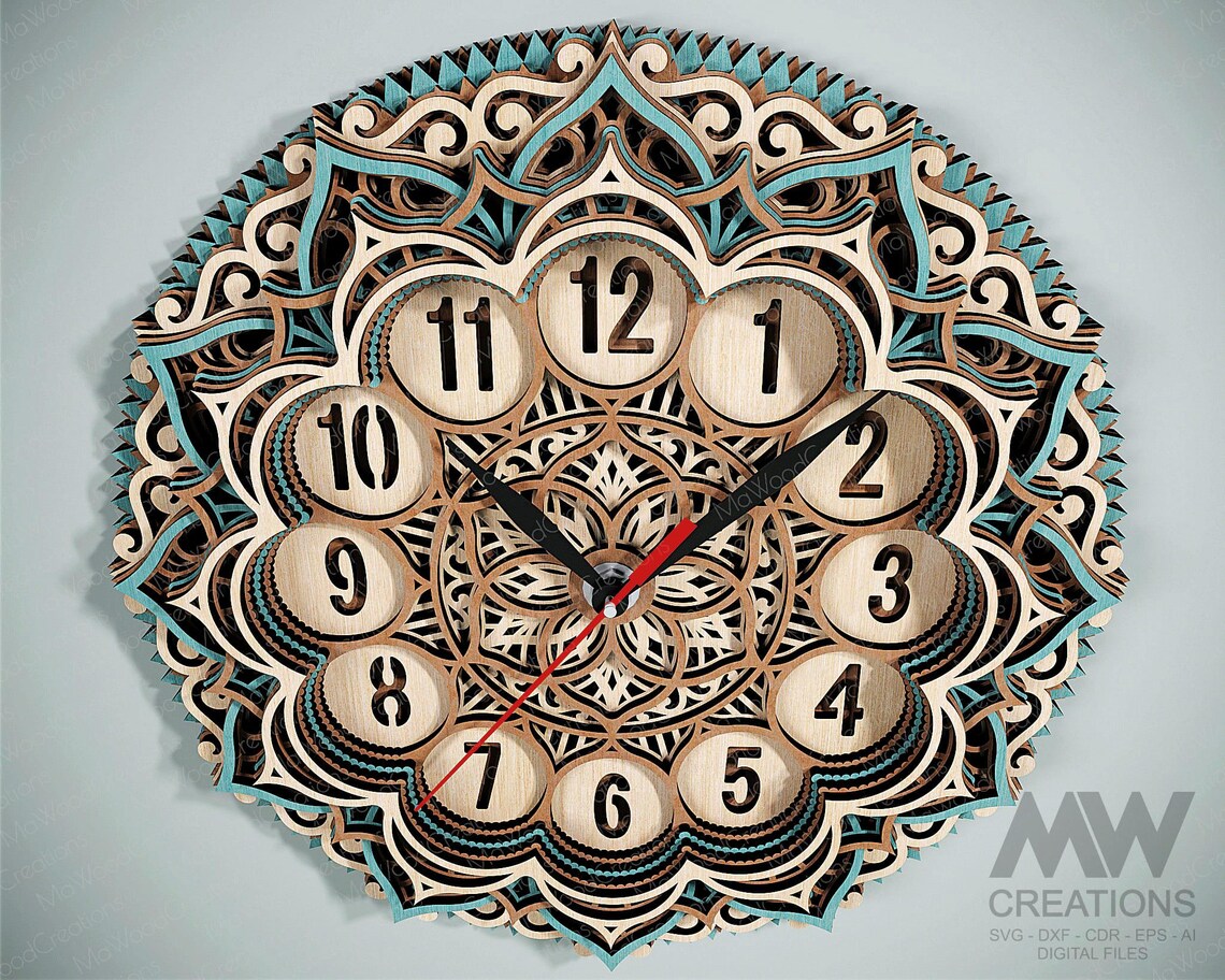 Laser Cut Clock SVG Dxf, Laser Cut Layered Mandala Clock Cutting Files ...