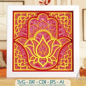 Hamsa main Mandala SVG Dxf, 3d SVG Hamsa, couches Hamsa Mandala Shadowbox Svg, modèle de boîte à lumière 3d, main avec fleur de Lotus Mandala - M141