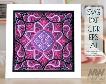 May include: A framed image of a pink and purple mandala design with intricate details. The image is for laser cutting and includes the file formats SVG, DXF, CDR, EPS, and AI. The text "MW Creations" and "SVG DXF-CDR-EPS-AI DIGITAL FILES" is at the bottom of the image.