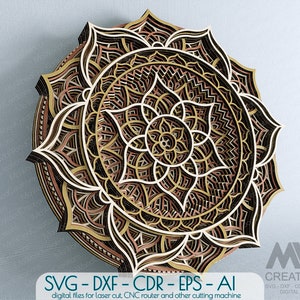 Laser gesneden Multi-layer Mandala Dxf vector bestand, Multilayer Mandala Svg-bestanden voor Cricut, 3d Layer Mandala Svg, Glowforge Svg Mandala - M042a