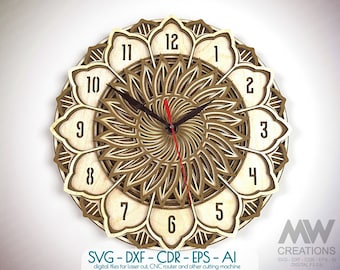 Reloj multicapa cortado con láser Svg, reloj Mandala SVG Dxf, reloj Cricut, reloj en capas Svg, reloj SVG de capa 3D, archivo de corte de reloj Glowforge C39