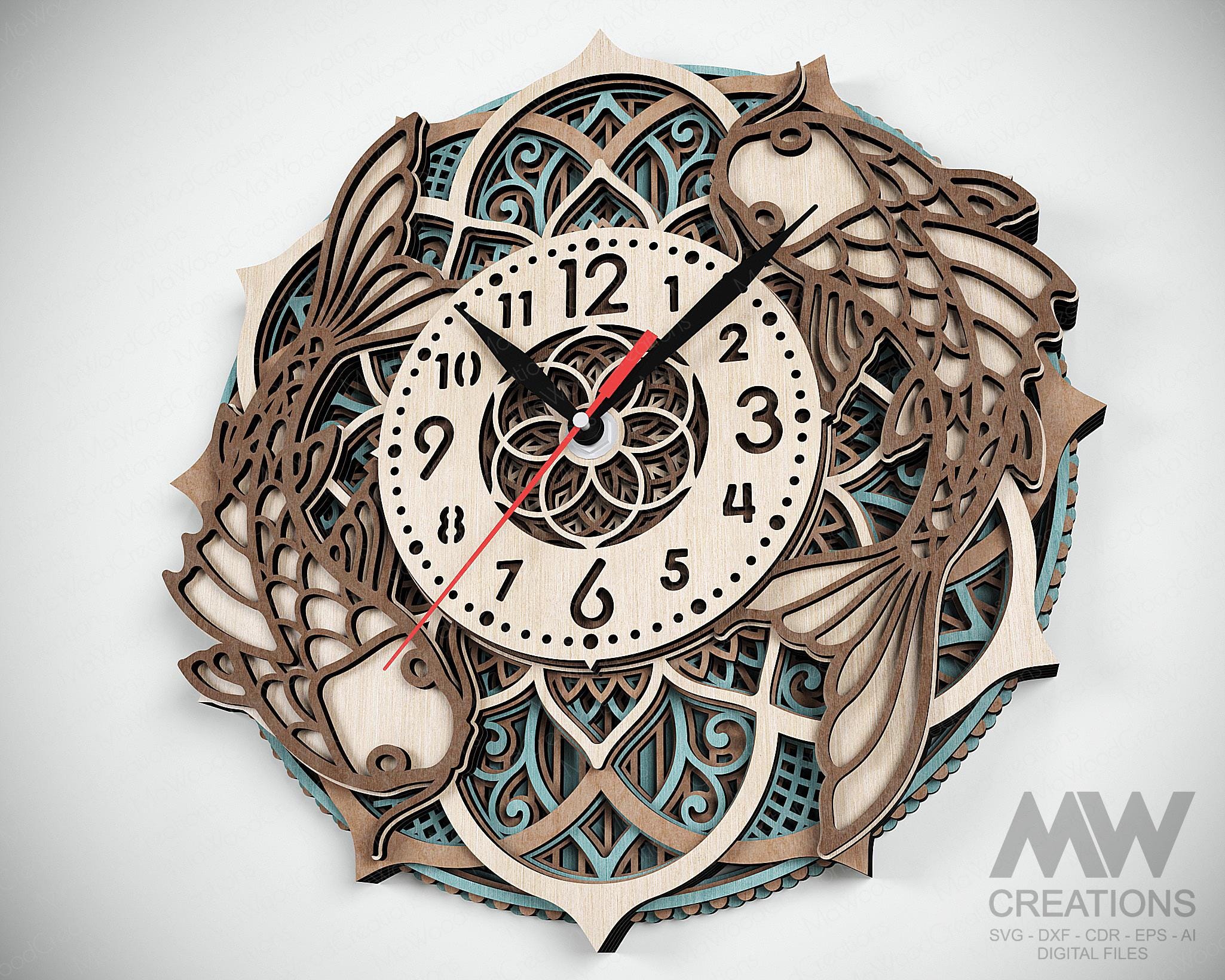 Layered Laser Cut Clock Template Multilayer Koi Fish Clock SVG Dxf ...