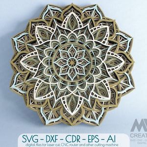 3d Layer Mandala SVG, Laser Cut Multilayer Circle Mandala Dxf Svg, Flower Mandala coupe fichiers, Fichier en bois Mandala Svg Dxf pour Laser cut M032a