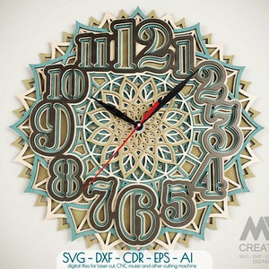 6 Layer Clock Svg, Mandala Clock SVG Dxf, Orologio tagliato al laser, Flower Mandala Clock Svg, 3D Layer SVG Clock, Glowforge Clock Cutting File - C45