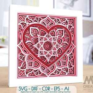 Strato 3D Mandala SVG, modello di taglio carta mandala cuore, mandala shadowbox a strati, modello scatola luminosa 3d, scatola ombra arte carta - M200