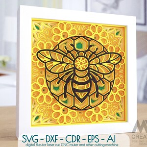 3d couche miel abeille SVG, multicouche abeille Svg, 3d SVG fleur Mandala, couches Mandala Svg, modèle de boîte à lumière, papier cartonné Mandala SVG - M212