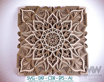 Laser cut Mandala SVG Dxf, Mandala SVG cutting file, Multi-layer Mandala Cnc Laser files, 3D Flower Mandala SVG Dxf, 3d Layered Wood Art M62