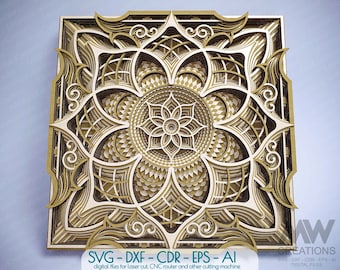 May include: A laser cut design with a geometric pattern in shades of brown and white. The design is intricate and detailed, with a central flower motif. The design is suitable for use as a wall decor or a decorative element in a home.