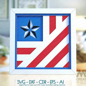 May include: A white frame with a red, white, and blue American flag design. The flag has a blue field with a white star in the center. The red and white stripes are layered to create a 3D effect. The text "SVG-DXF-CDR - EPS - AI" is below the frame. The text "digital files for laser cut, CNC router and other cutting machine" is below the first line of text. The text "MW CREATIONS" is in the lower right corner of the image. The text "SVG-DXF-CDR-EPS-AI DIGITAL FILES" is below the text "MW CREATIONS".