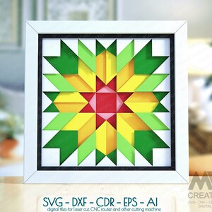 May include: A framed paper craft design with a red, yellow, and green starburst pattern. The design is made of layered paper and is perfect for a home decor project. SVG-DXF-CDR-EPS-AI digital files for laser cut, CNC router and other cutting machine.