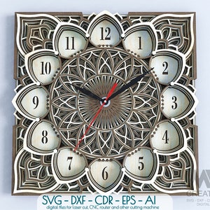 Orologio tagliato al laser SVG Dxf, Orologio Mandala a strati Svg, file orologio in formato Svg 3d per Cricut, Orologio SVG a strati, Glowforge Svg Layer Clock file di taglio C10