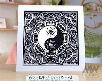Yin Yang Mandala SVG, Plantilla de corte de papel Mandala en capas, Plantilla Shadowbox Mandala, Archivos Mandala de capa 3d, Caja de sombras de arte de papel