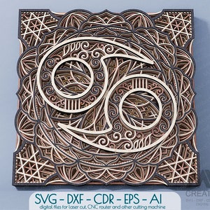 Kanker Zodiac Sign, Multilayer Cancer Mandala, Laser Cut Zodiac Signs DXF, 3D-laag Zodiac Mandala SVG, Multilayer Crab Mandala cut bestand