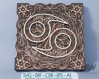 Cancer Zodiac Sign, Multilayer Cancer Mandala, Laser Cut Zodiac Signs DXF, 3D layer Zodiac Mandala SVG, Multilayer Crab Mandala cut file