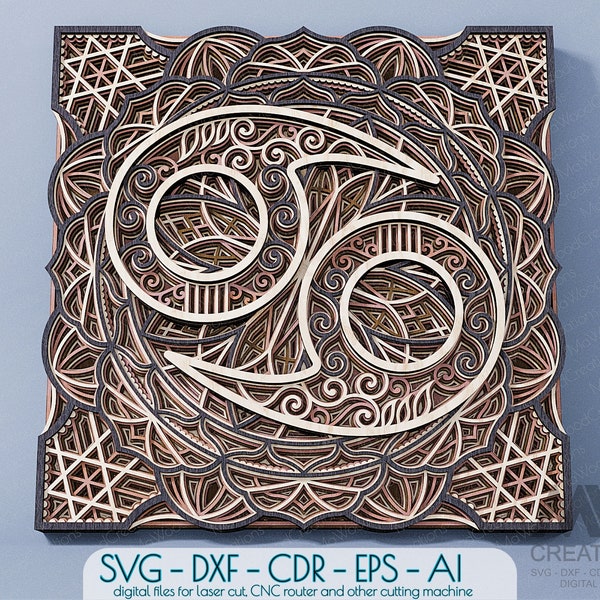 Signe du zodiaque Cancer, Mandala Cancer multicouche, Laser Cut signes du zodiaque DXF, couche 3D Zodiac Mandala SVG, fichier de coupe Mandala crabe multicouche