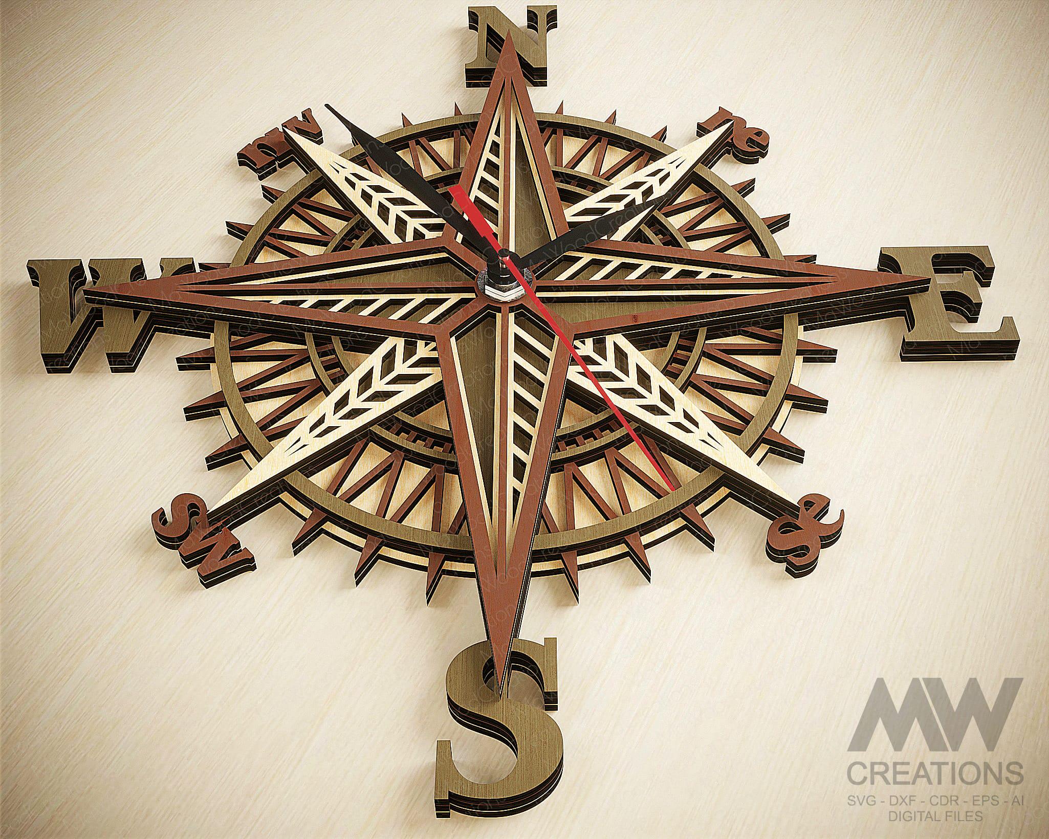 Compass Clock Svg Laser Cut Files, 3d Layered Svg Clock, Wind Rose ...