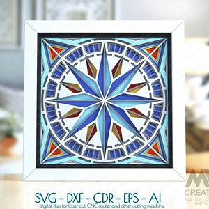 3d Windrose Quilt Block SVG, Shadow Box Windrose svg, Cricut Compass SVG, 3d Layered SVG Compass, Paper Quilt pattern - SBq05